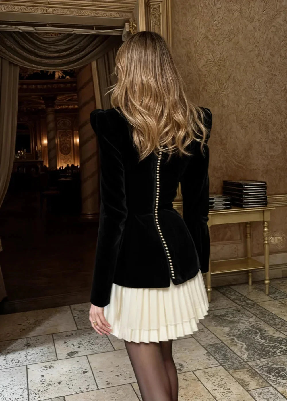 Alt text: "Elisabeth dress featuring a plush velvet bodice and pleated cream skirt for a sophisticated and elegant look."