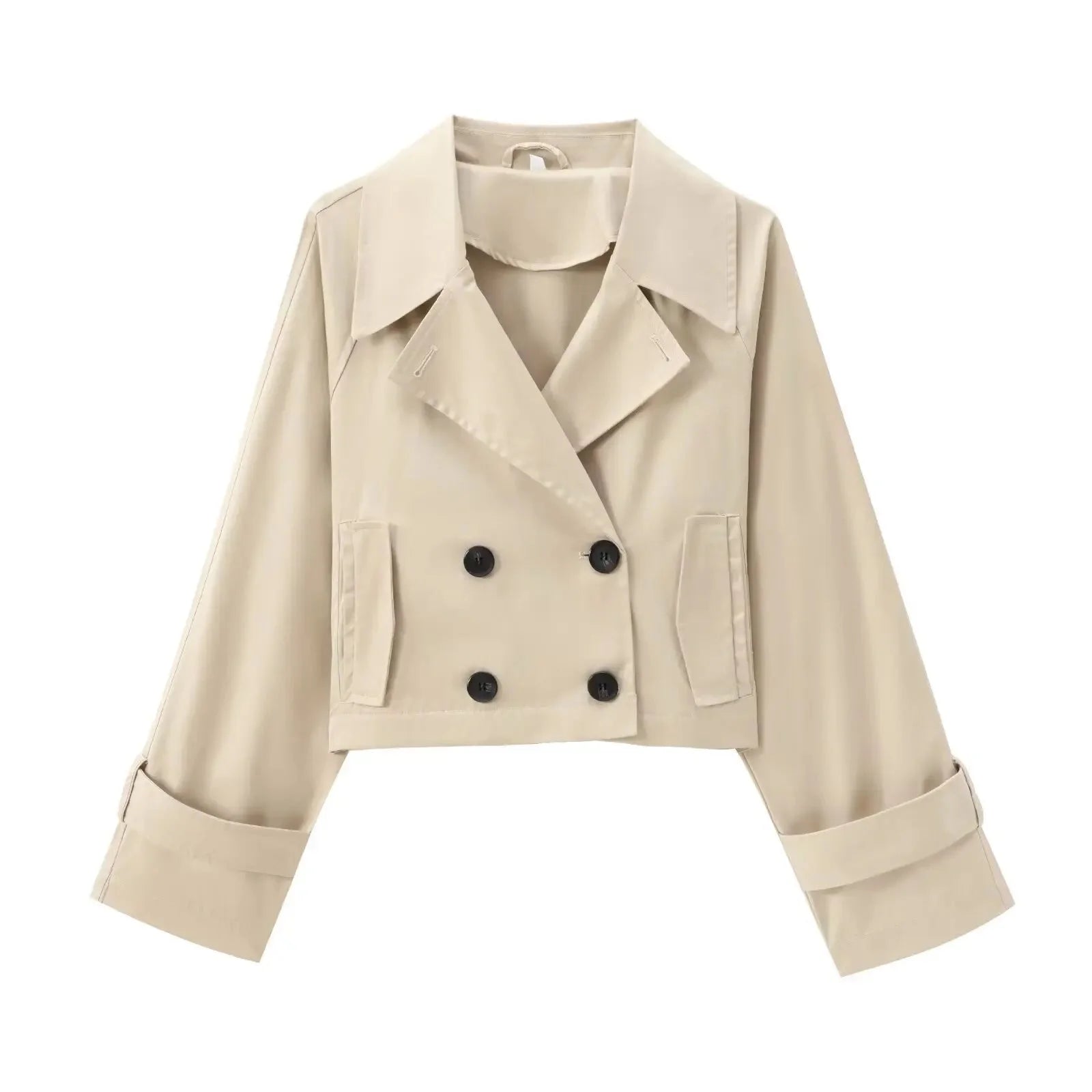 Light beige cropped jacket with double-breasted design, crafted in textured fabric with notch lapels and button details.