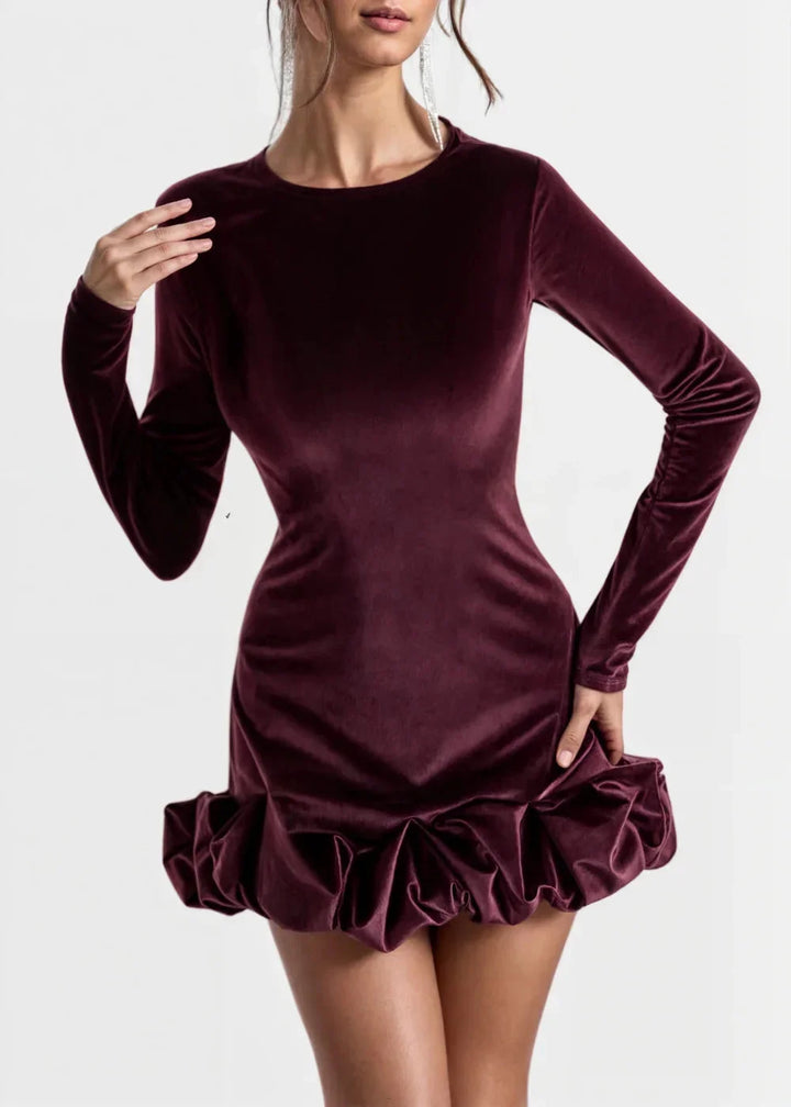 Velvet dress for women in dark blue with elegant ruffles on neckline and sleeves. Rich velvet fabric adds a touch of…