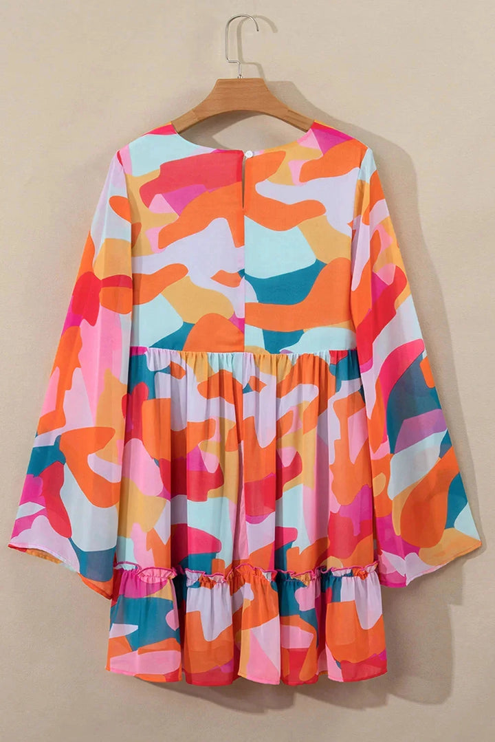 "Women's V-neck dress with colorful bell sleeves, perfect for casual outings, made from soft and breathable fabric."