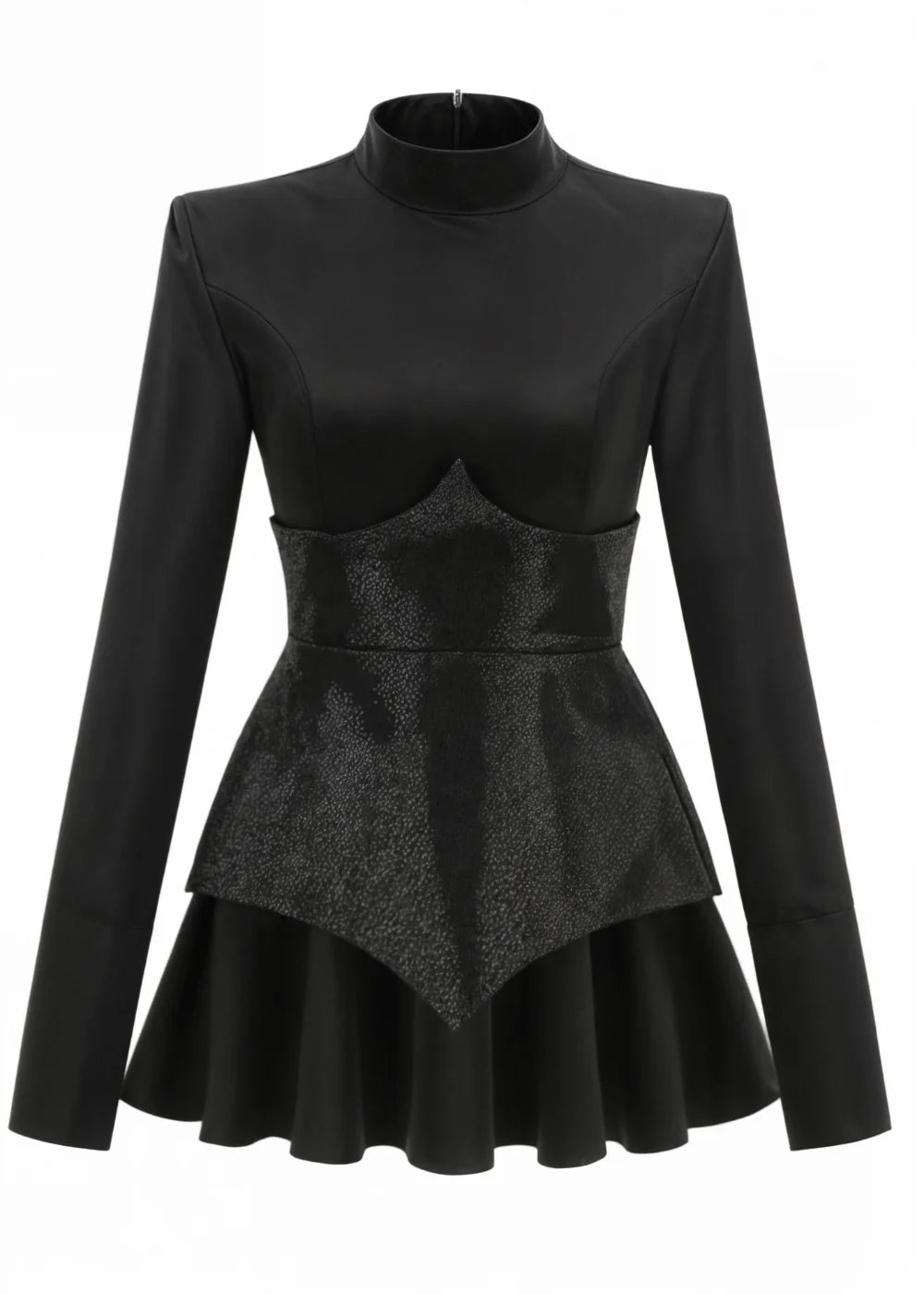 Black sequin peplum-style mini dress with a shimmering design, perfect for a night out or special occasion.