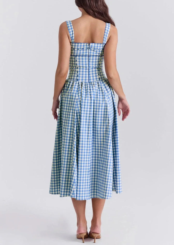 Blue gingham off-shoulder mid-length Georgette dress for women, featuring a stylish design perfect for a trendy casual look.