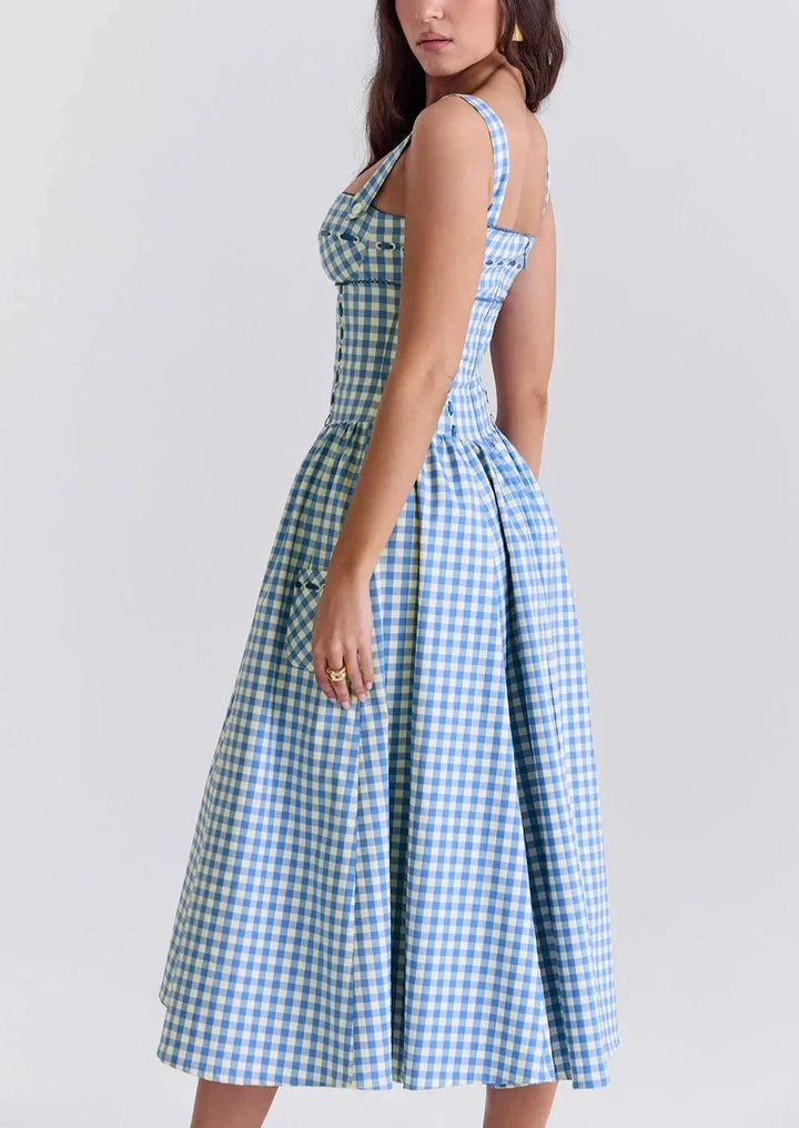 Blue gingham off-shoulder mid-length dress for women made of georgette fabric with a relaxed fit and trendy design.