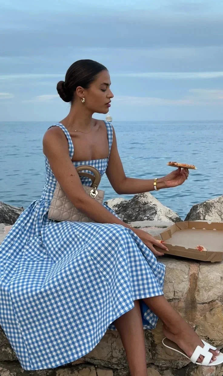 Blue gingham off-shoulder mid-length dress for women made of georgette fabric with trendy design for a stylish look.
