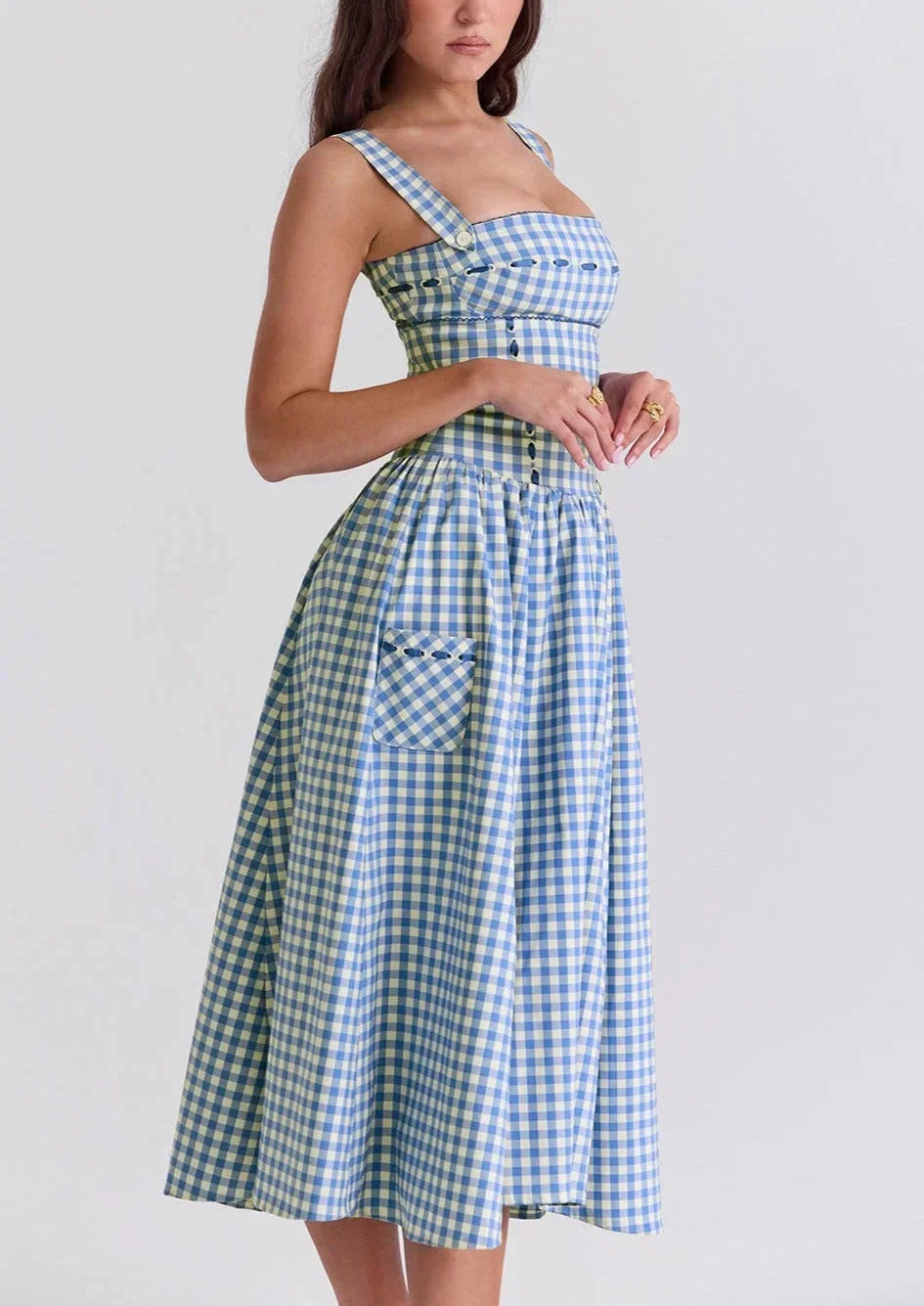 "Blue gingham off-shoulder mid-length Georgette dress for women, perfect for casual outings or special occasions."
