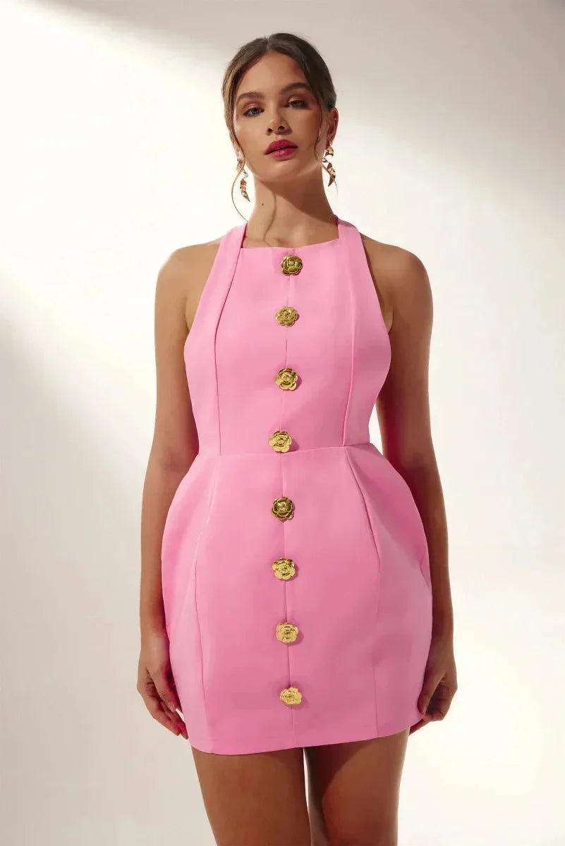 Women's halter dress with golden buttons, made of soft cotton blend fabric. Features a flattering silhouette with a stylish…