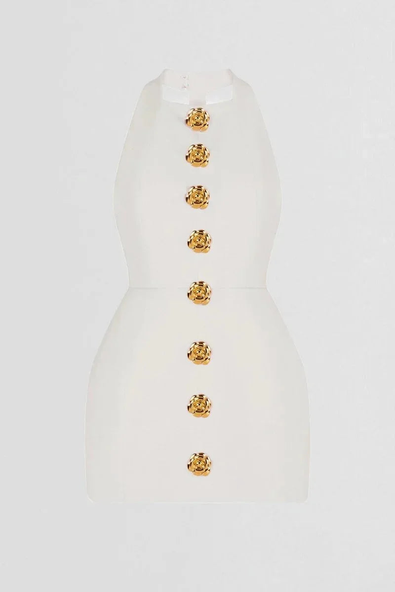 "Gurnaaz women's halter dress in black with gold buttons, made of soft, flowy fabric, perfect for a chic and stylish look."