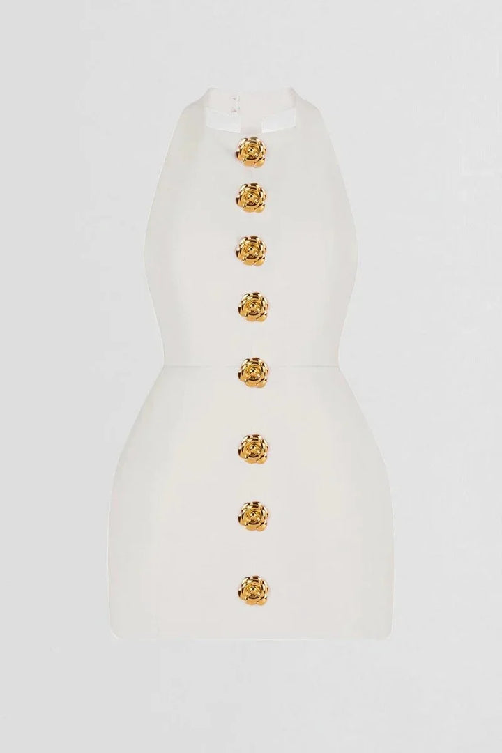 "Gurnaaz women's halter dress in black with gold buttons, made of soft, flowy fabric, perfect for a chic and stylish look."