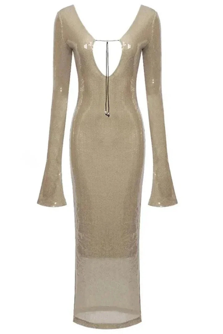 Beige sequined dress with deep V-neck showcasing elegant island-inspired design perfect for special occasions.