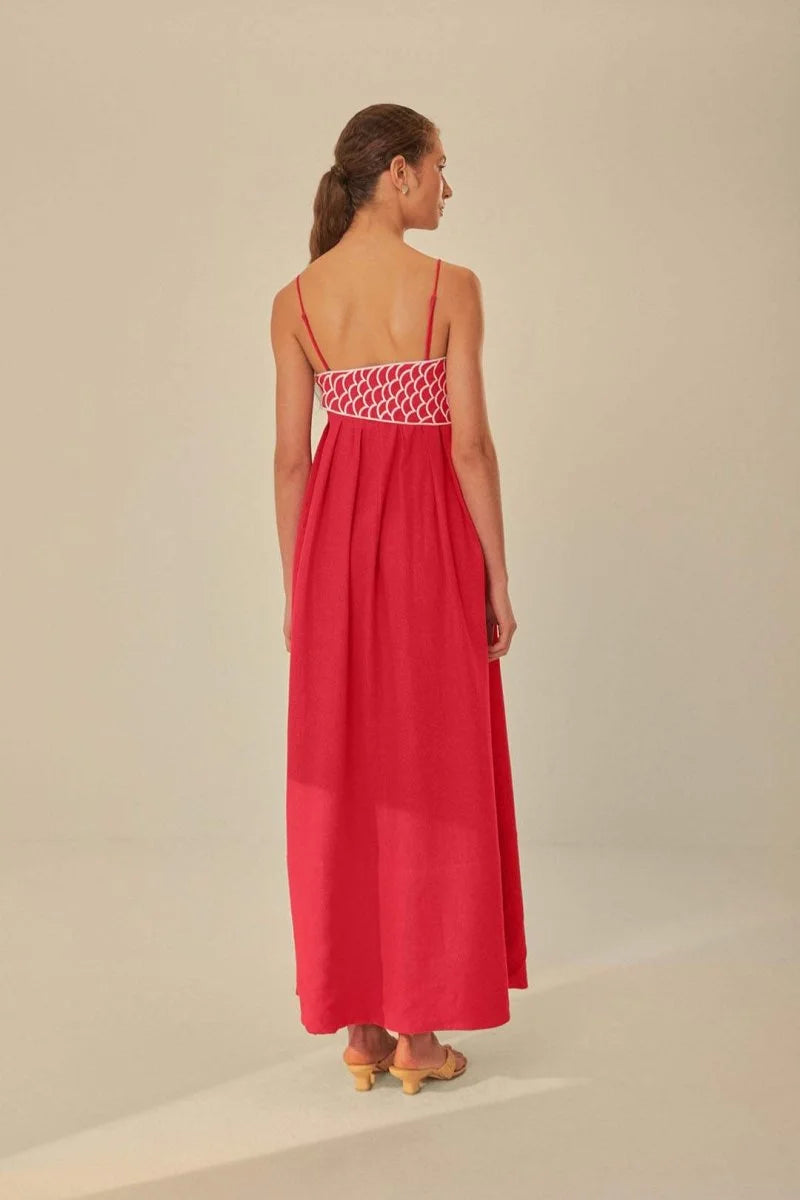 Red cotton maxi dress with intricate goldfish embroidery, perfect for a casual yet stylish summer look.