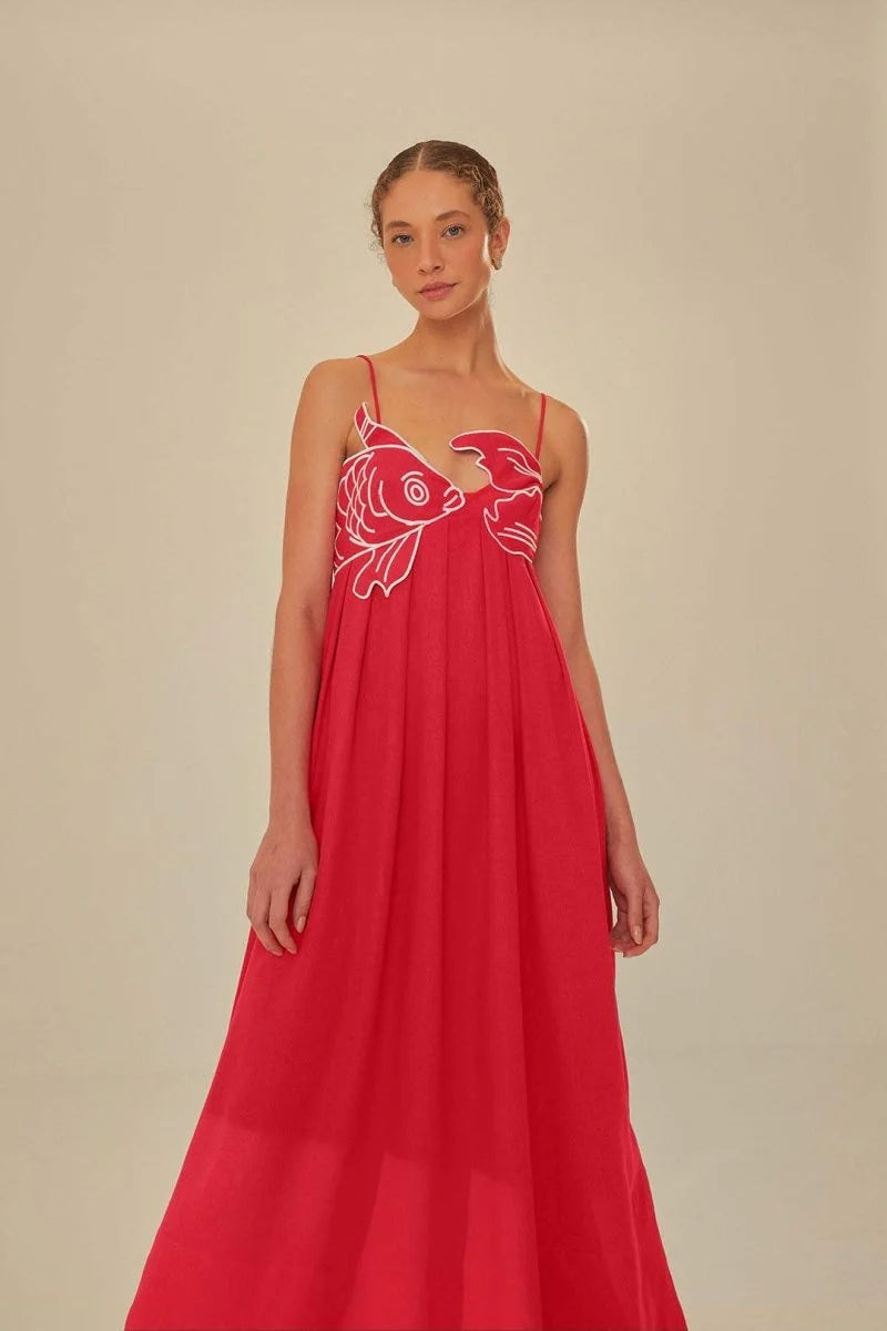 "Red cotton maxi dress featuring goldfish embroidery, perfect for casual wear or special occasions!"