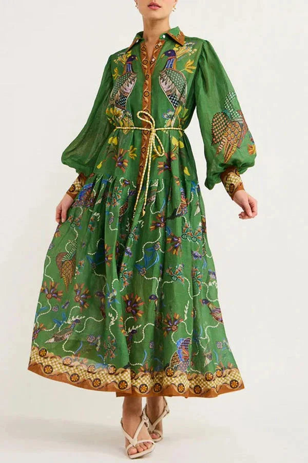 "Women's green bird print button-up midi dress with a nature-inspired print, perfect for a casual chic look."
