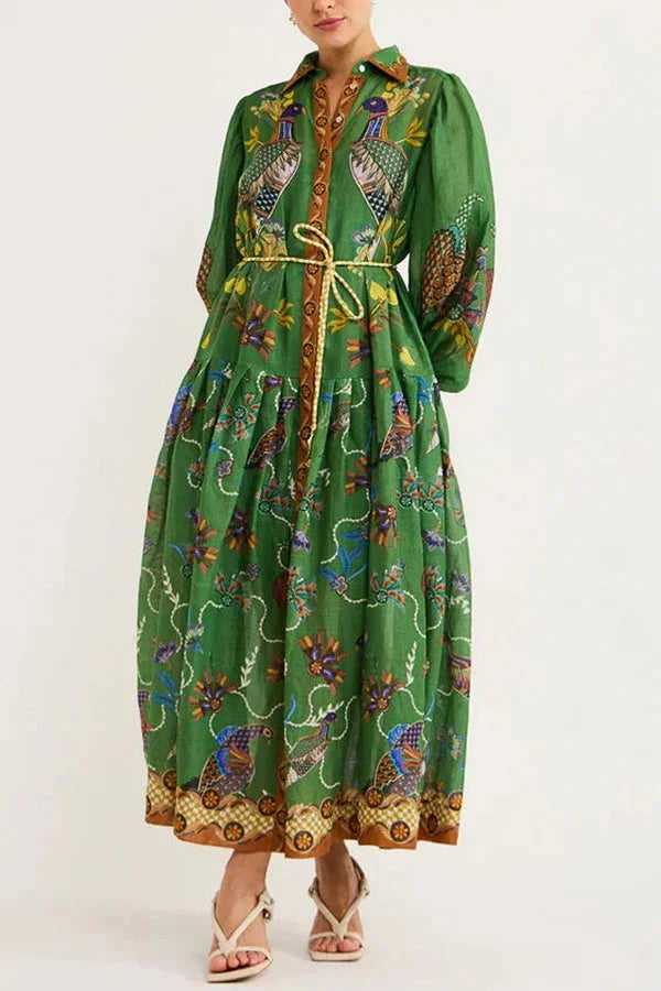 "Women's green bird print button-up midi dress, featuring a playful avian design, perfect for a casual chic look."