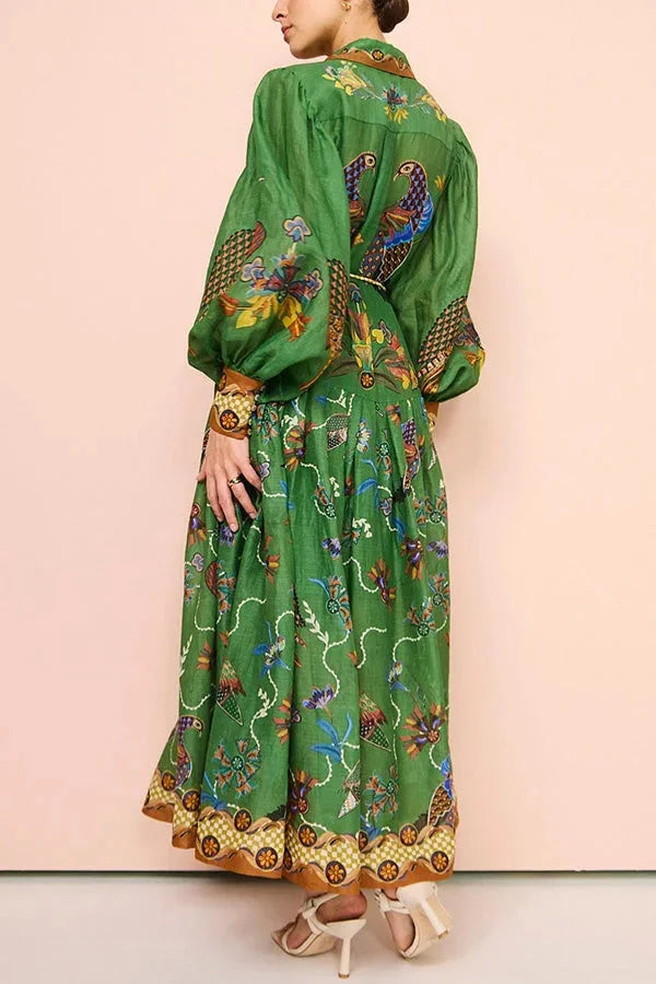 Green bird print button-up midi dress for women by Janessa. Features darling avian motifs on comfortable fabric for a…