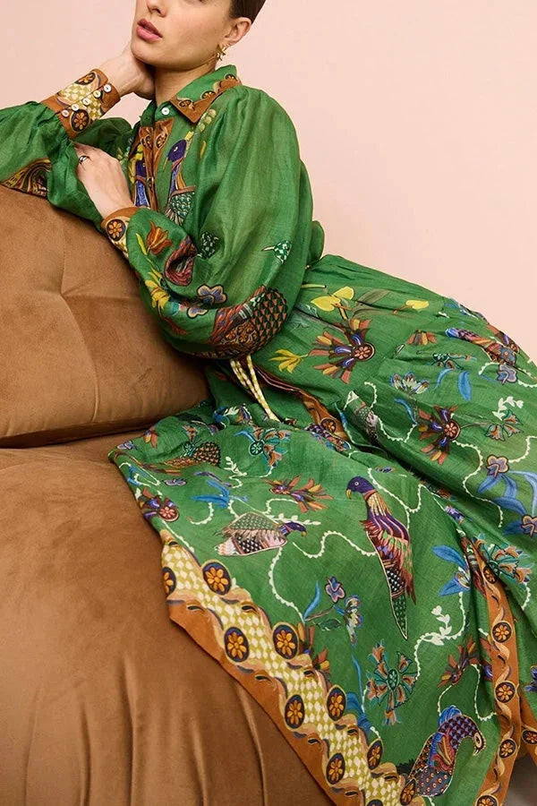 "Green bird print button-up midi dress for women, featuring a charming avian pattern on light and breathable fabric"