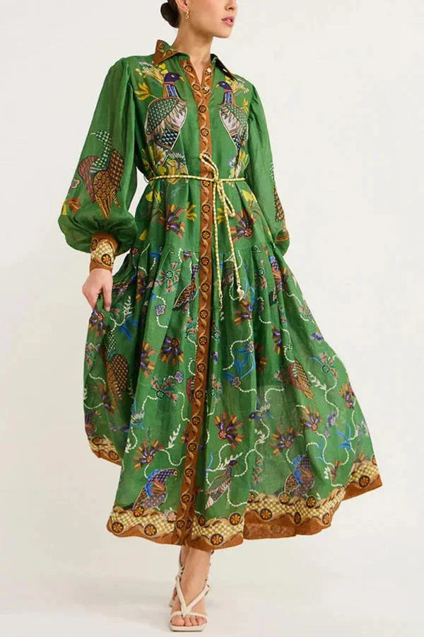 "Green bird print midi dress for women, featuring a button-up design, made from breathable and comfortable material."