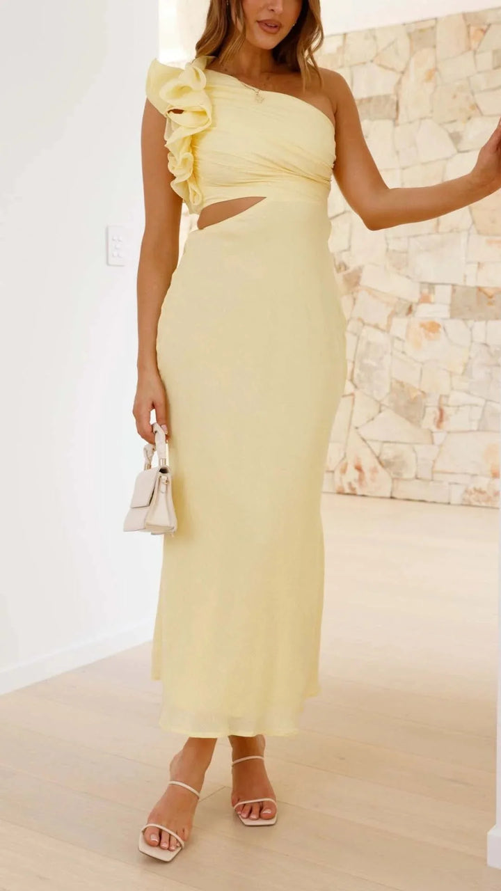 Yellow maxi dress with floral shoulder design for women by Javeah. Features a soft and breathable fabric perfect for spring…