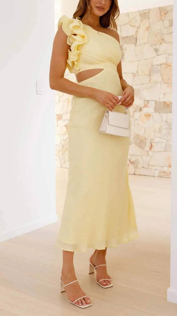 Yellow maxi dress with floral shoulder design for women by Javeah. Made with soft cotton blend for a comfortable and stylish…
