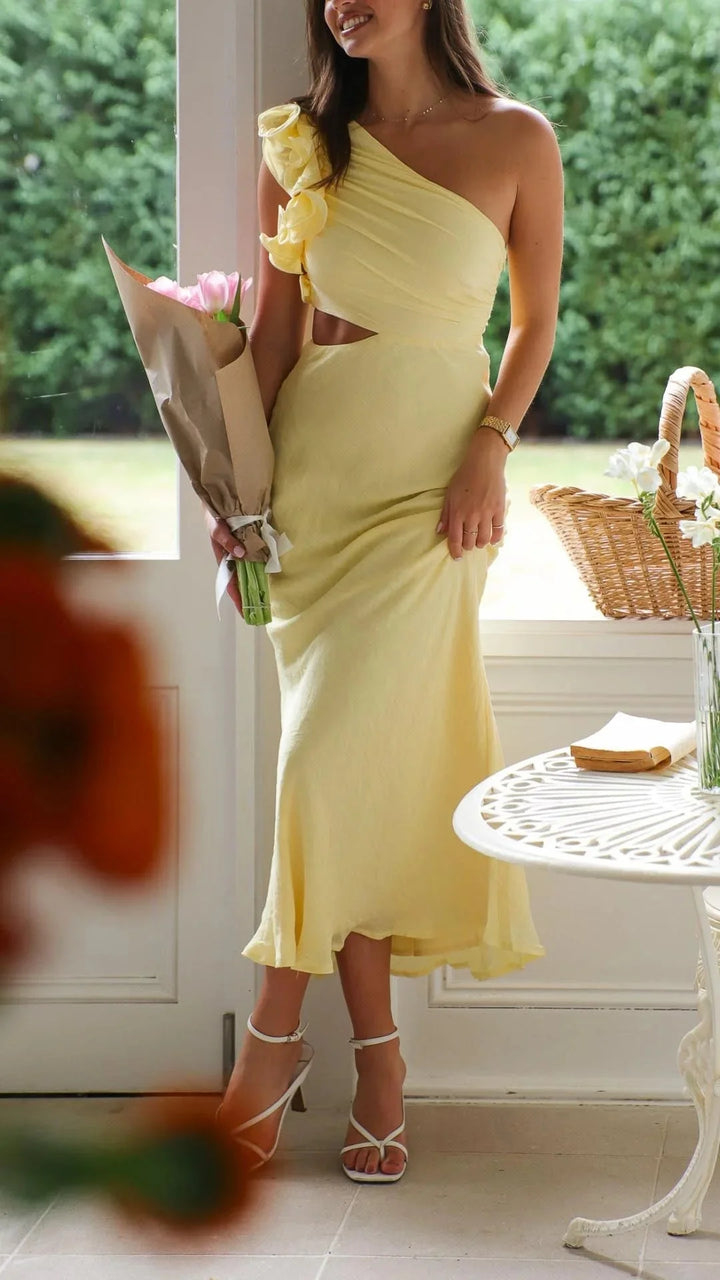 Yellow maxi dress with floral shoulder design for women - made of soft, breathable fabric, perfect for a summer day out.