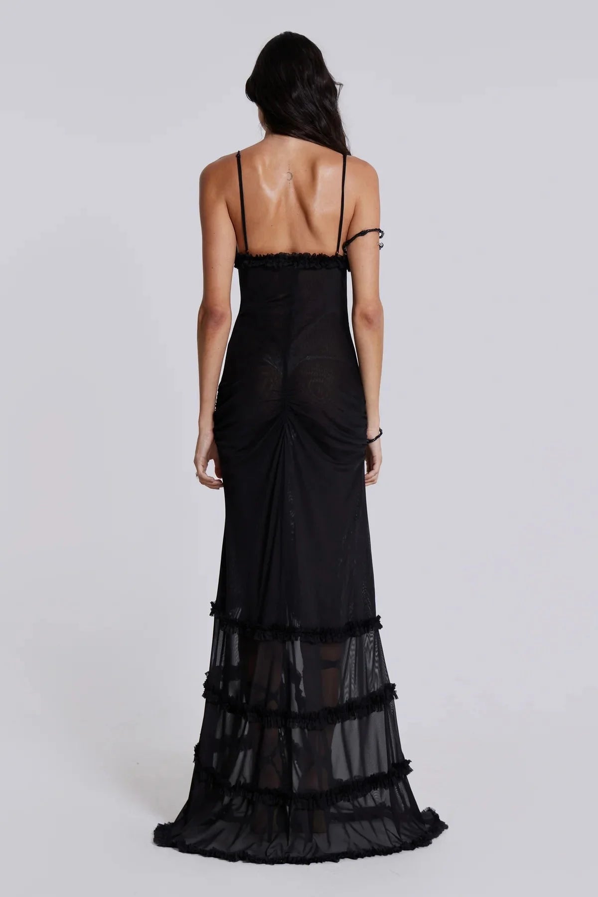 "Jazlyn maxi dress with plunge bust-line, showcasing artistic design in soft flowy fabric, perfect for any occasion."