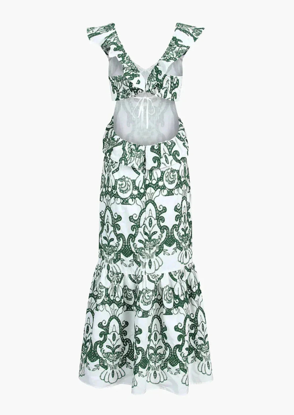 White and green ruffled maxi dress with a unique design, perfect for a casual and chic look.
