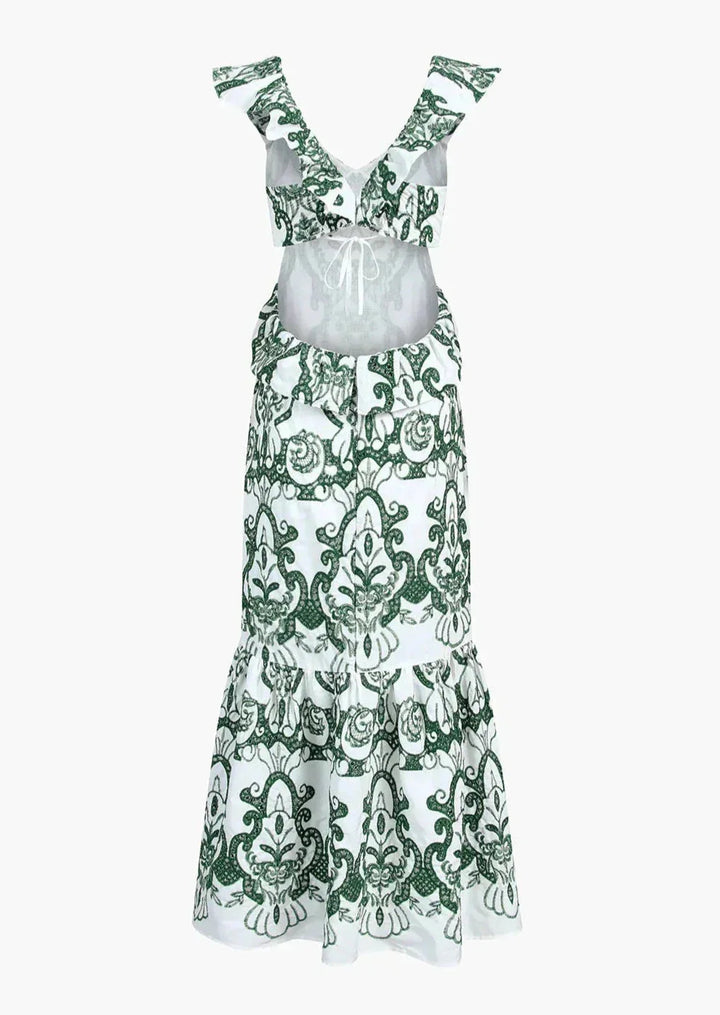 White and green ruffled maxi dress with a unique design, perfect for a casual and chic look.