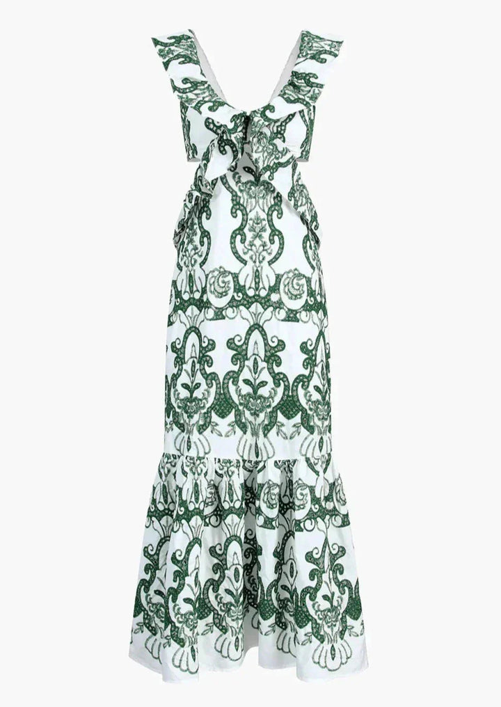 White green ruffled maxi dress with a stylish design, perfect for a casual chic look.