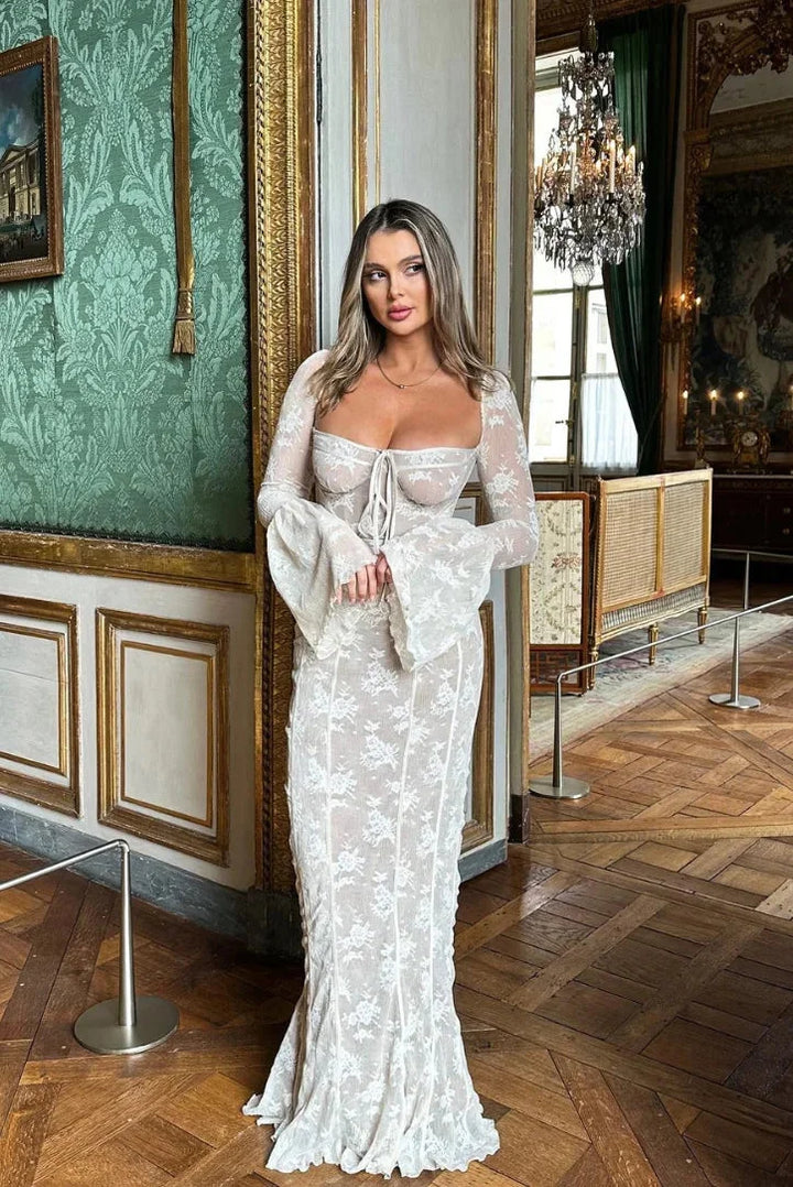 "White lace off-shoulder dress with long sleeves for women, feminine and elegant design, perfect for special occasions."