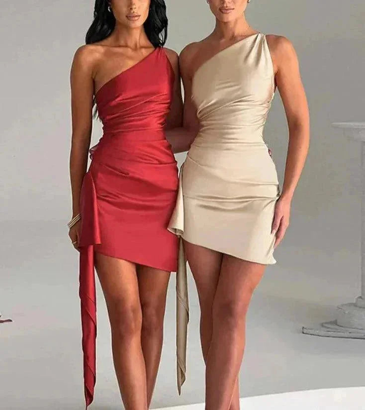 "Black one-shoulder dress with sash detail for women, made of soft satin fabric, perfect for special occasions and elegant…