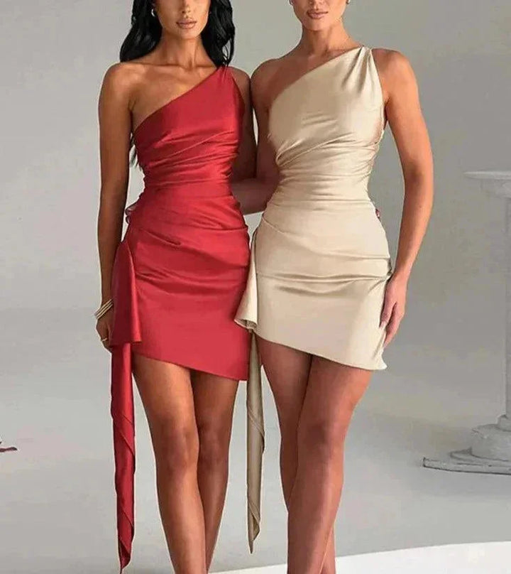 "Black one-shoulder dress with sash detail for women, made of soft satin fabric, perfect for special occasions and elegant…