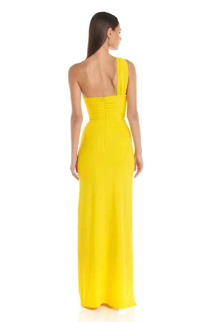 "Yellow maxi dress for women with high slit, made from lightweight fabric, perfect for summer days."
