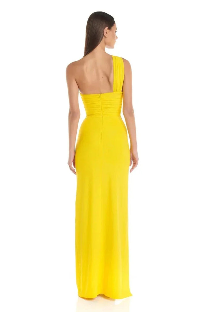 "Yellow maxi dress for women with high slit, made from lightweight fabric, perfect for summer days."
