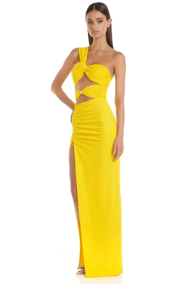 "Yellow maxi dress for women with high slit, made of soft cotton blend, perfect for sunny days and stylish occasions"