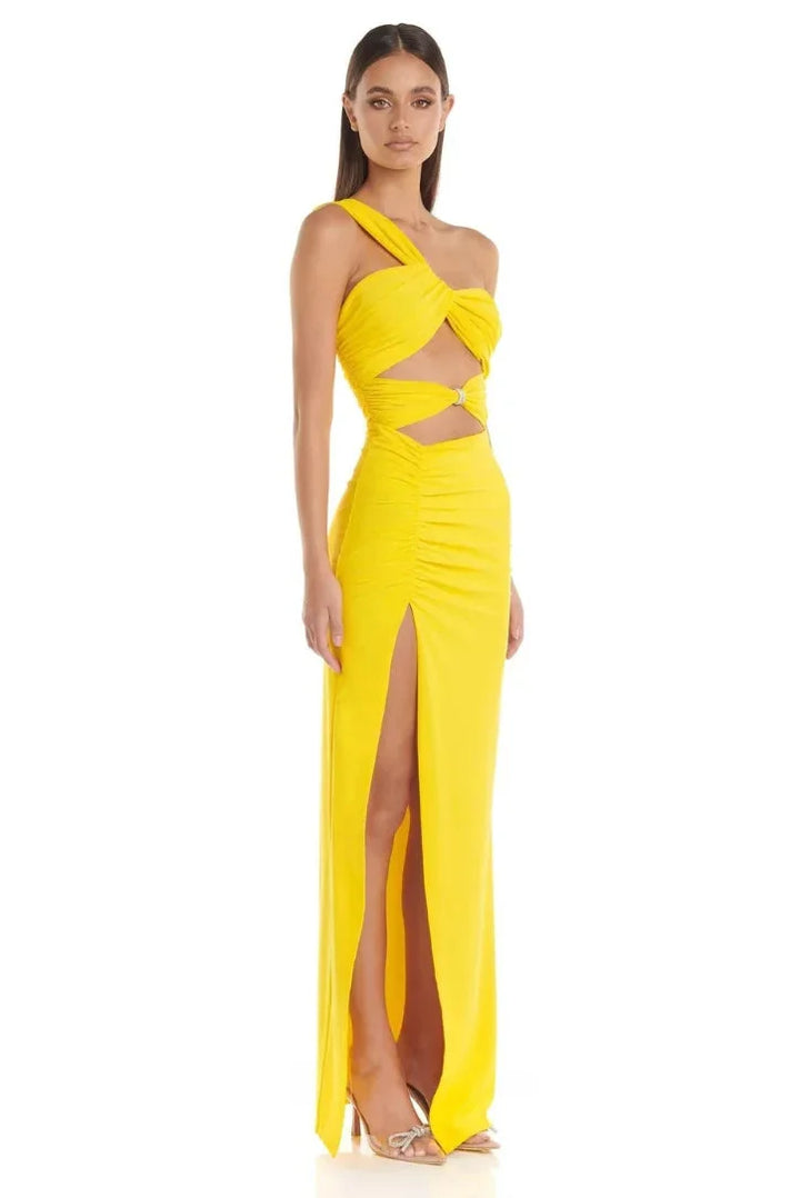 "Yellow maxi dress for women with high slit, made from a lightweight, flowy fabric. Perfect for sunny days and casual…
