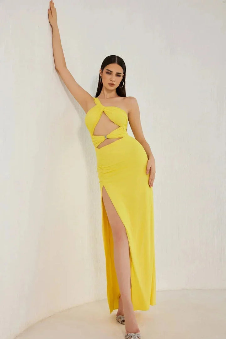"Yellow maxi dress for women with high slit, made of lightweight fabric, perfect for summer outings and events."