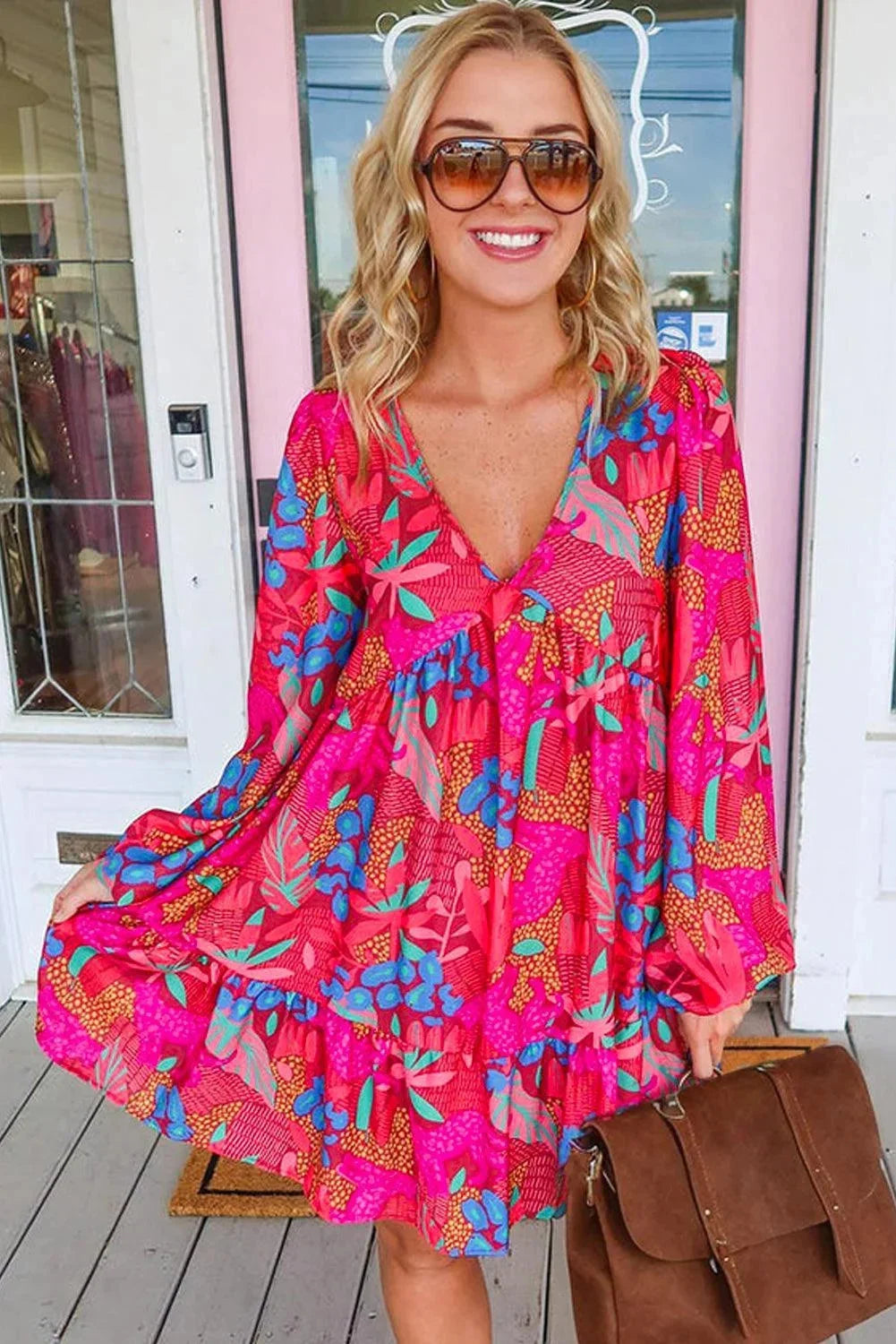 "Kaileigh - Women’s floral bell-sleeved V-neck dress in light chiffon with a delicate floral pattern and elegant bell…