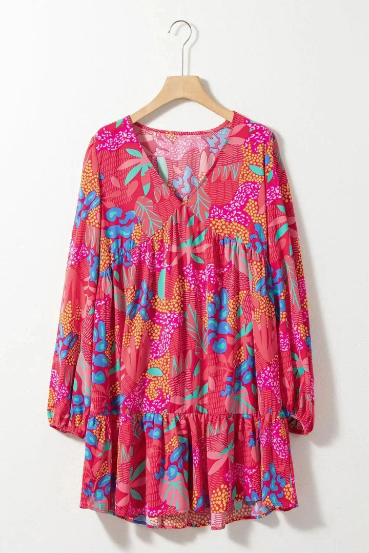 "Kaileigh women’s V-neck dress with floral pattern and elegant bell sleeves, perfect for a stylish and comfortable look."