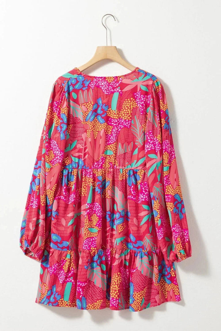 Floral bell-sleeved V-neck dress made of soft cotton blend fabric for women, perfect for a casual yet trendy outfit.