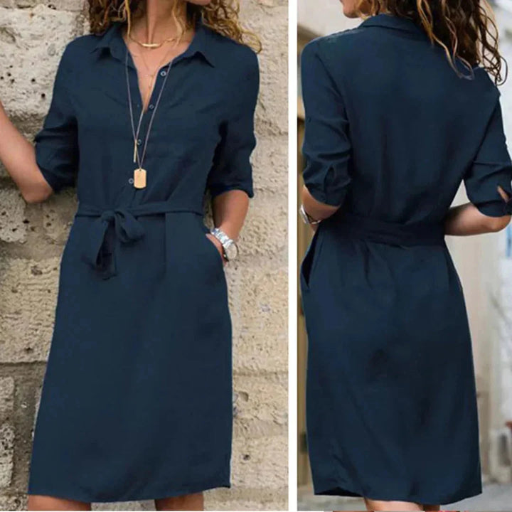"Gray belted shirt dress for women, tailored fit with button-up front and collared neckline, made from soft and lightweight…