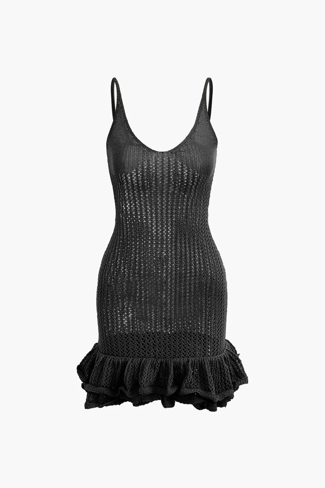 "Black sleeveless knit mini dress with ruffles, ideal for versatile styling in soft, comfortable fabric."