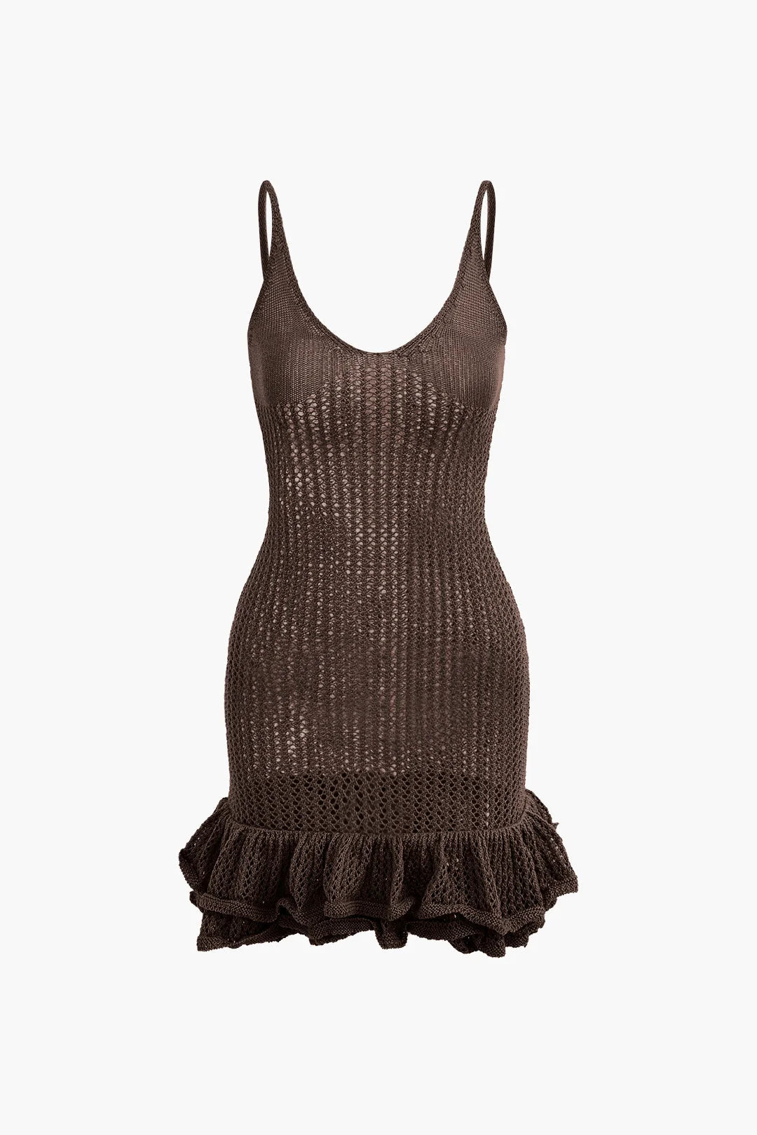 "Sleeveless knit dress in Coffee with ruffles, perfect for casual chic looks."