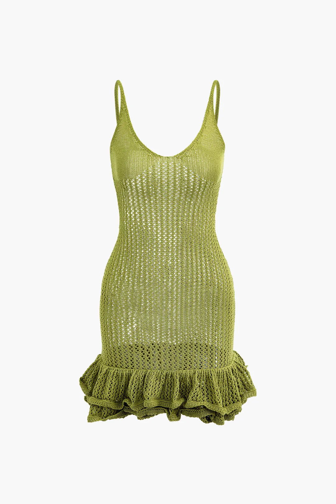 Green sleeveless knit mini dress with ruffles, casual yet chic. Made from soft and breathable fabric, perfect for a sunny…