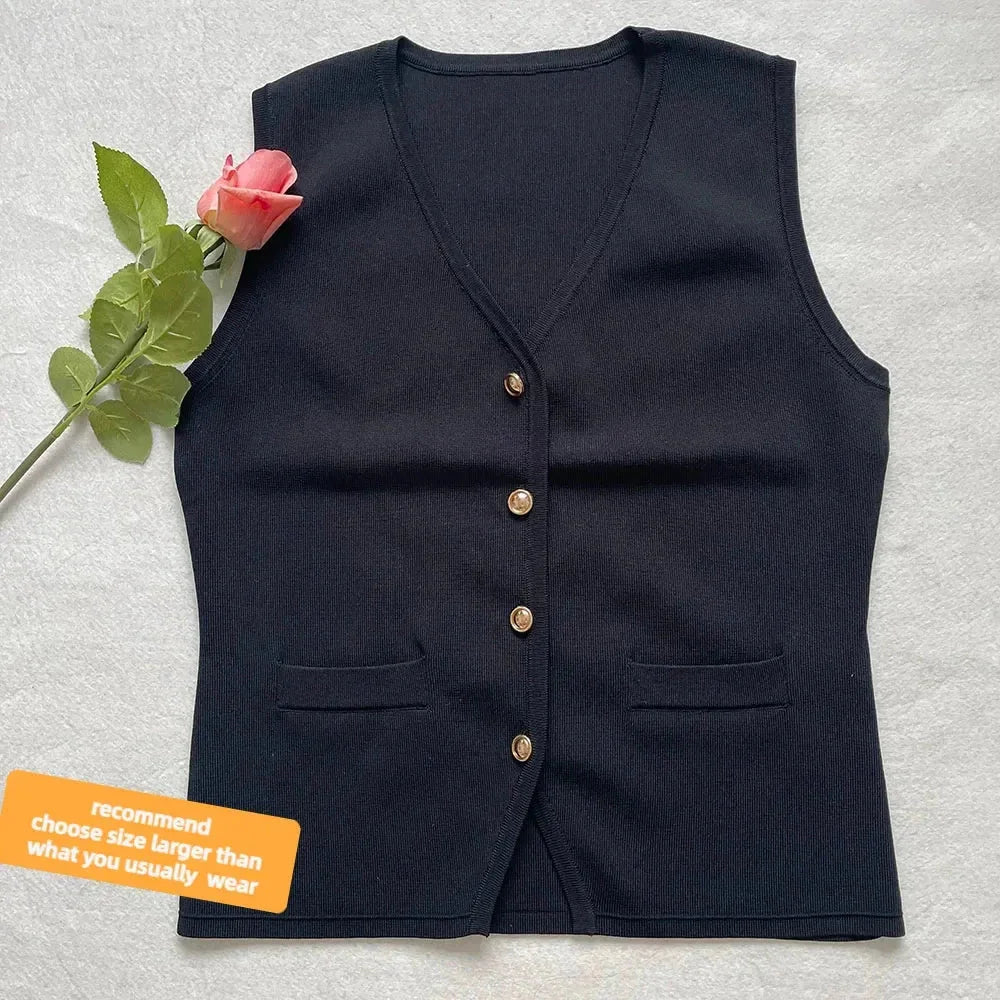 Sleeveless V-neck buttoned vest made of soft, breathable fabric in a versatile design perfect for layering.