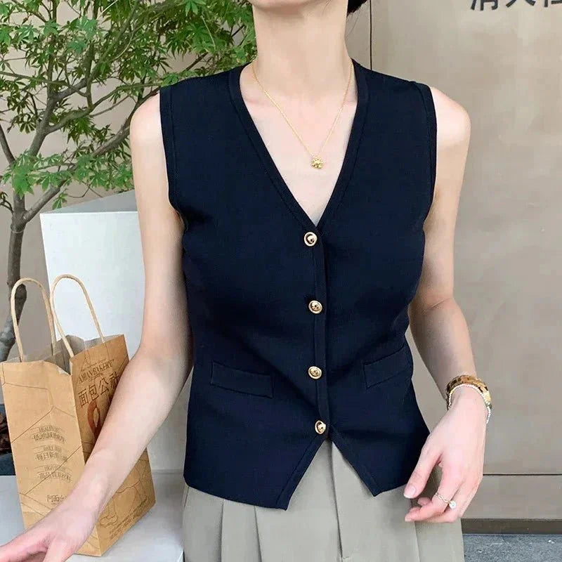 Sleeveless V-neck buttoned vest in soft knit fabric with ribbed detailing and a modern silhouette, named Kiyah.