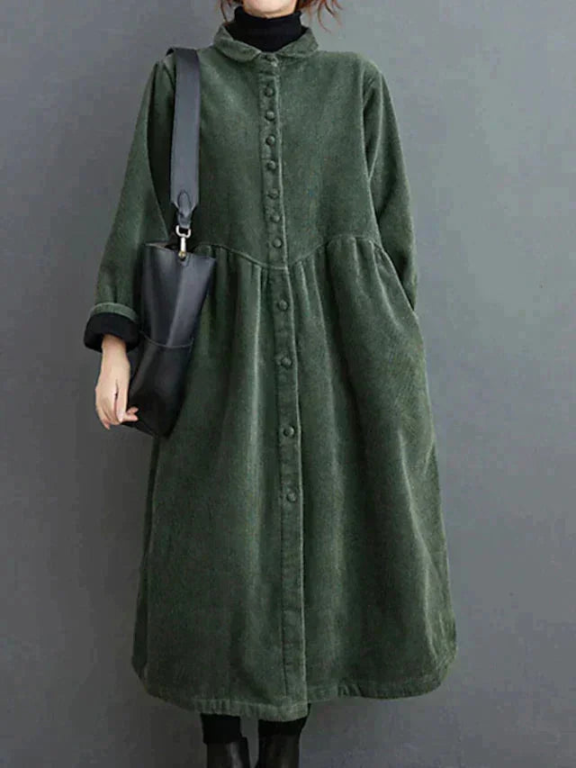 "Green krystal button-front dress - warm, versatile, and stylish with a tailored fit and cozy fabric"