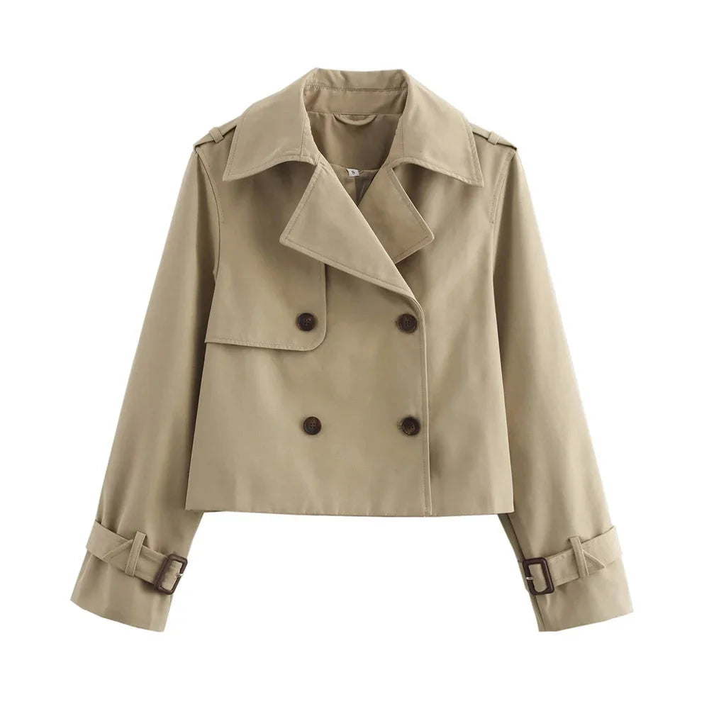 Khaki cropped jacket with modern design, versatile styling.