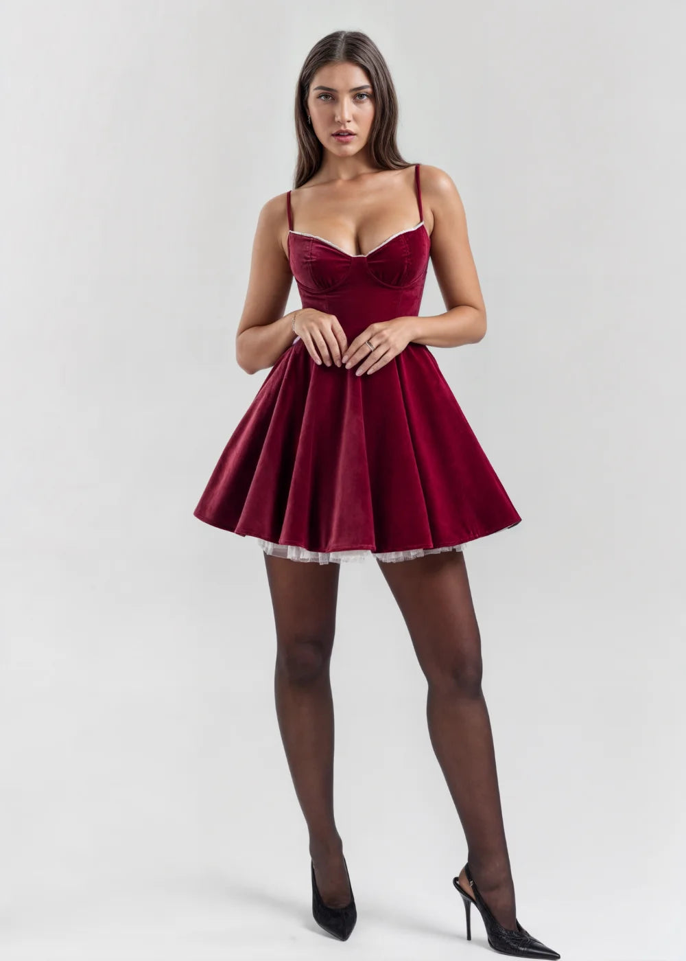 Red wine velvet mini dress with tulle detailing, perfect for a chic and elegant look.