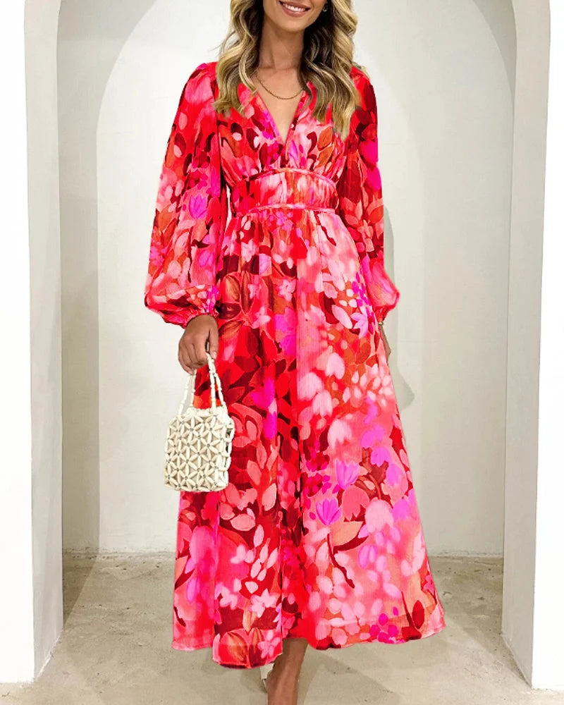 Flowy floral maxi dress with belt featuring a vibrant floral print on soft, breathable fabric. Perfect for a stylish and…