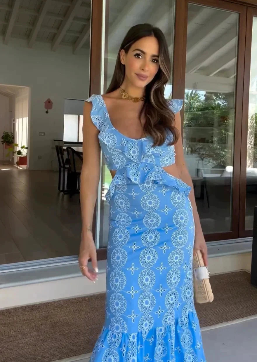Women’s blue circle patterned ruffle maxi dress, made of breathable cotton blend with charming circle design and stylish…