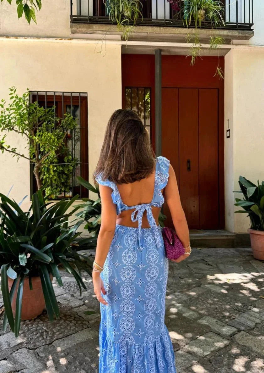 Women’s blue circle patterned ruffle maxi dress with a flattering silhouette, perfect for summer outings.